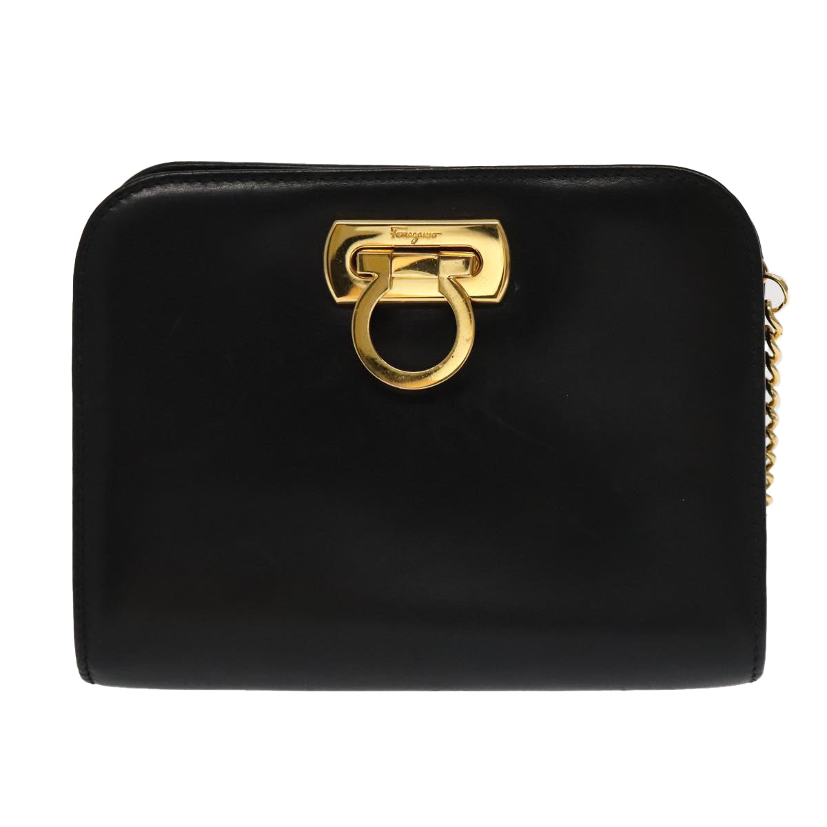 Salvatore Ferragamo Gancini Chain Shoulder Bag Leather Black Gold Auth fm4054