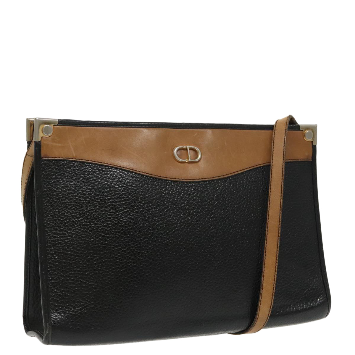 Christian Dior Shoulder Bag Leather Black Beige Auth fm4058