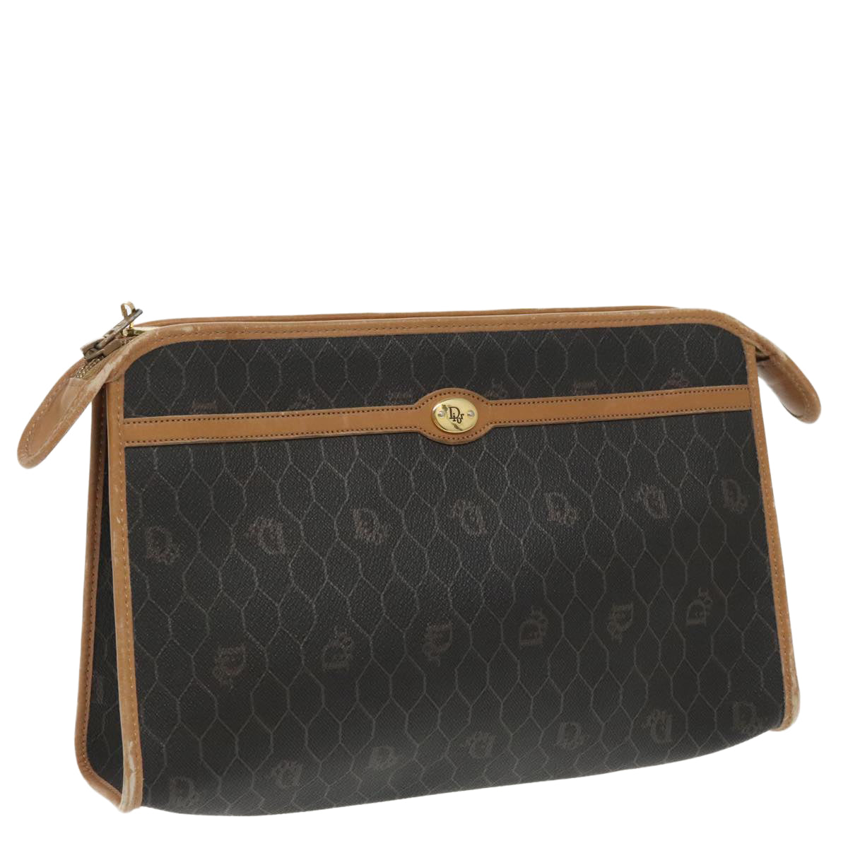 Christian Dior Honeycomb Canvas Clutch Bag PVC Leather Black Gold Auth fm4066