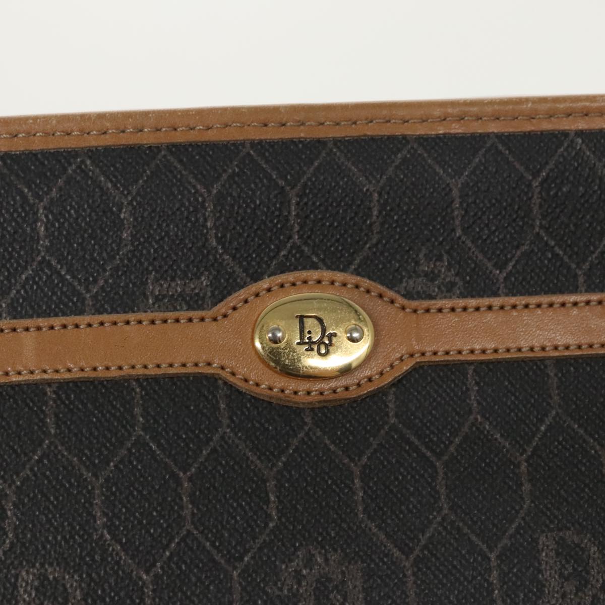 Christian Dior Honeycomb Canvas Clutch Bag PVC Leather Black Gold Auth fm4066