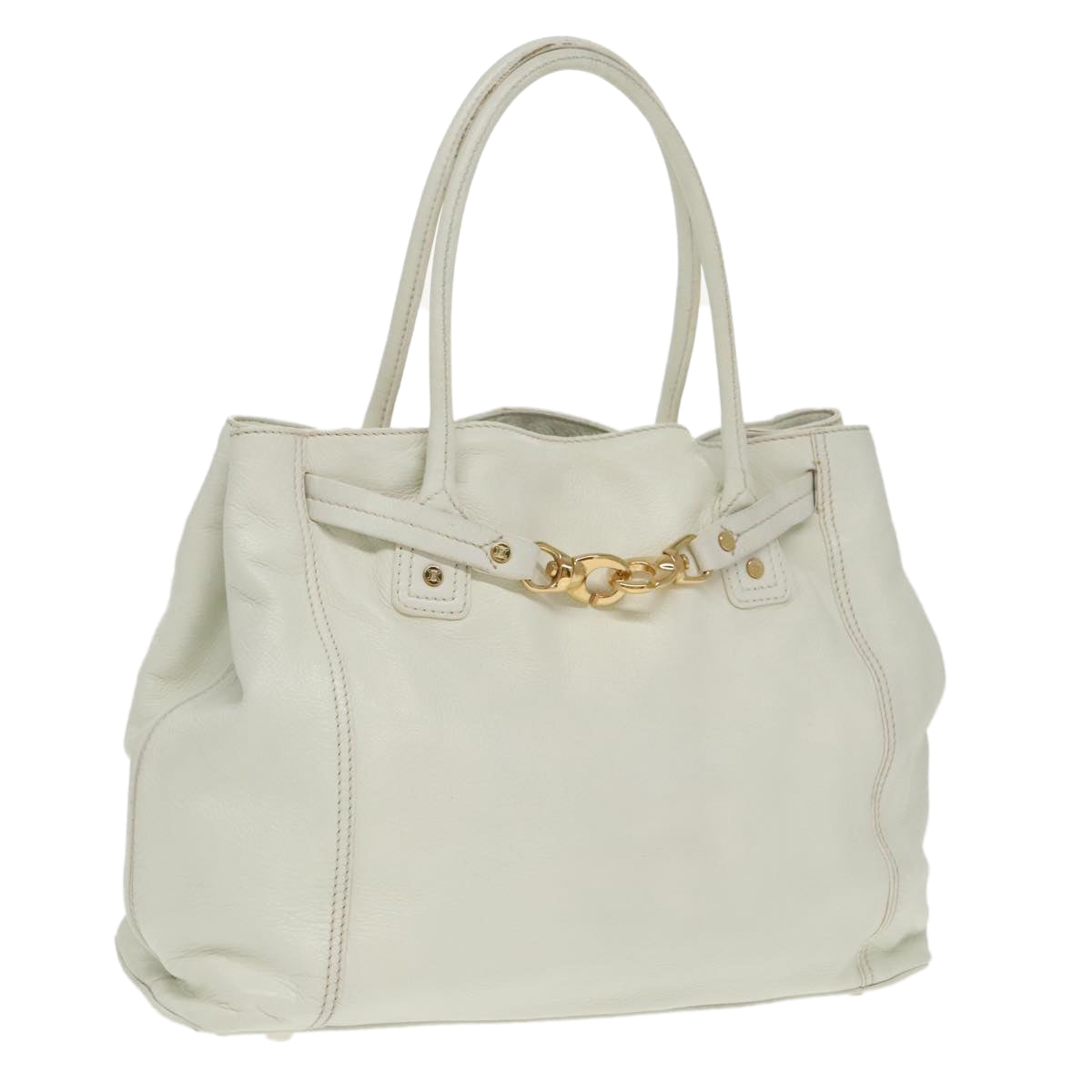 CELINE Tote Bag Leather White Gold Auth fm4074