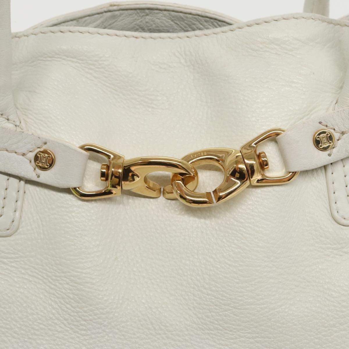 CELINE Tote Bag Leather White Gold Auth fm4074