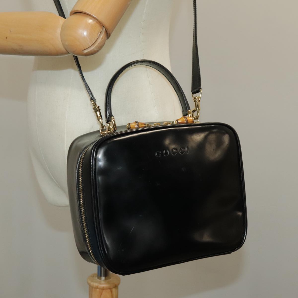 GUCCI Bamboo Hand Bag Patent leather 2way Black Gold 000 270 0323 Auth fm4078