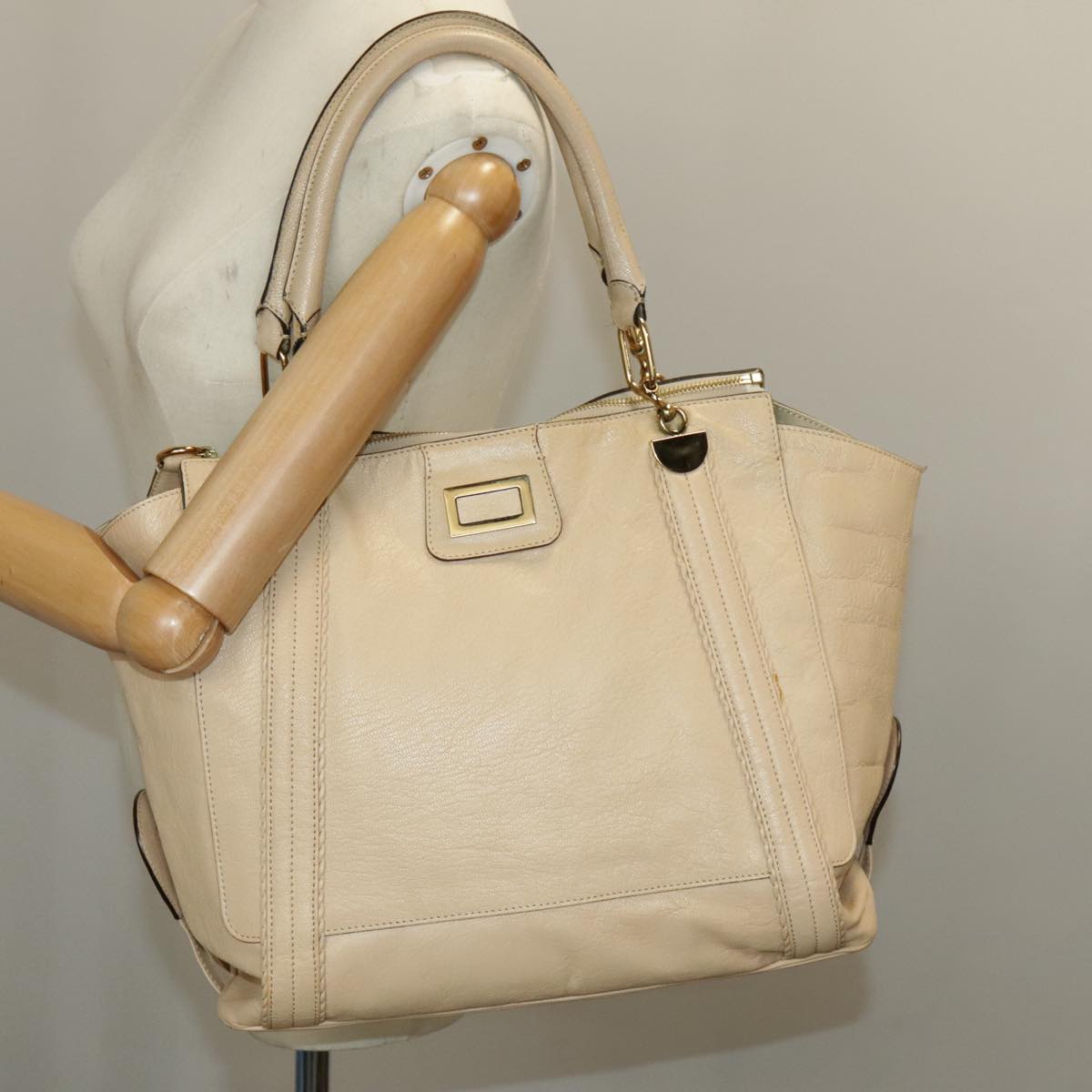 Chloe Tote Bag Leather Beige Gold Auth fm4079