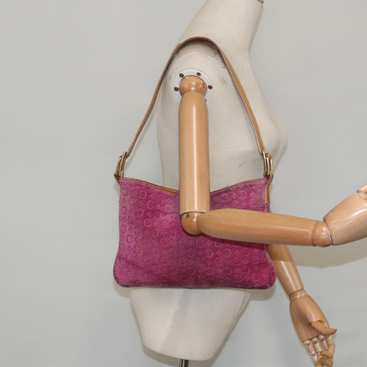 CELINE C Macadam Canvas Shoulder Bag Suede Pink Gold Auth fm4104