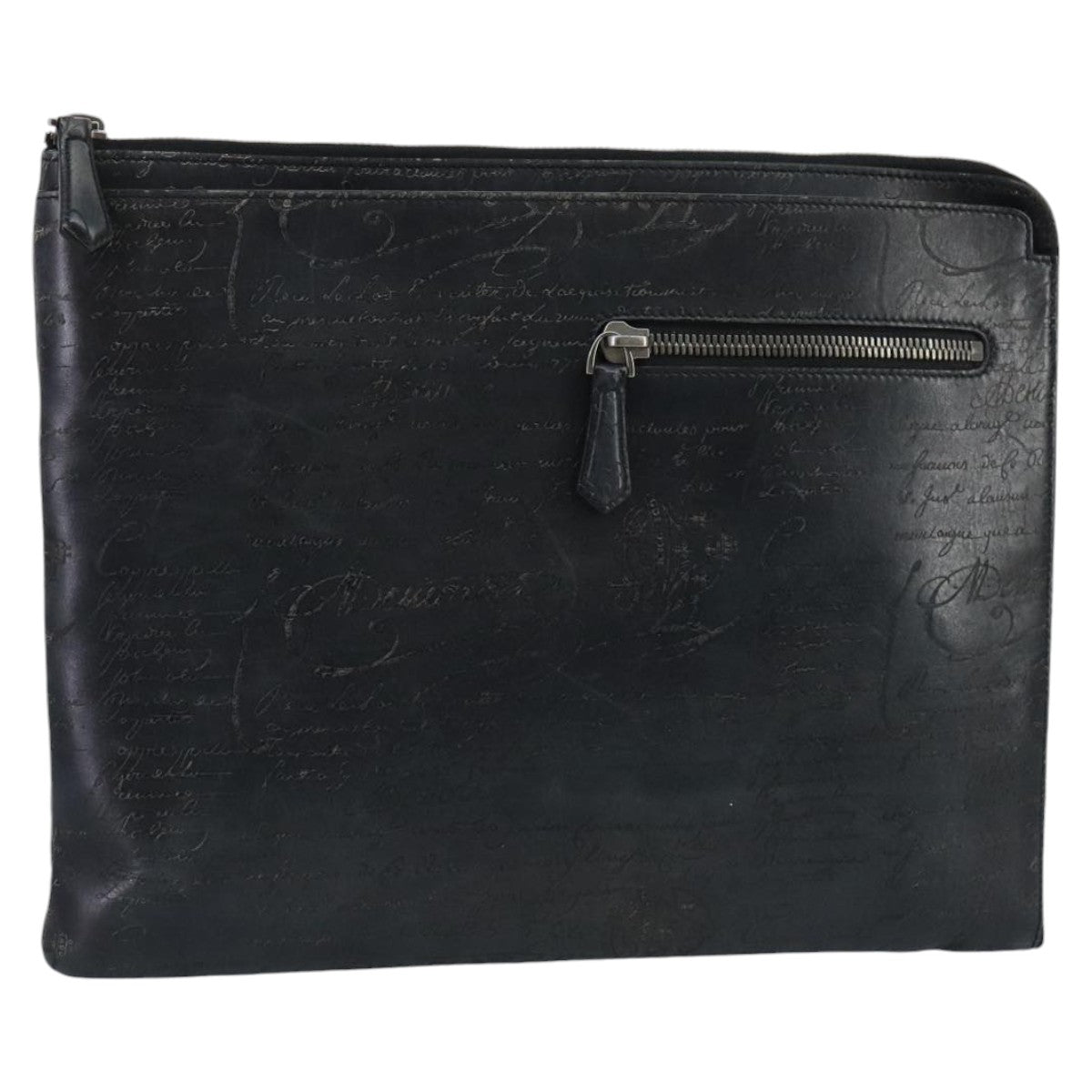 Berluti Calligraphy Clutch Bag Leather Black Auth fm4111