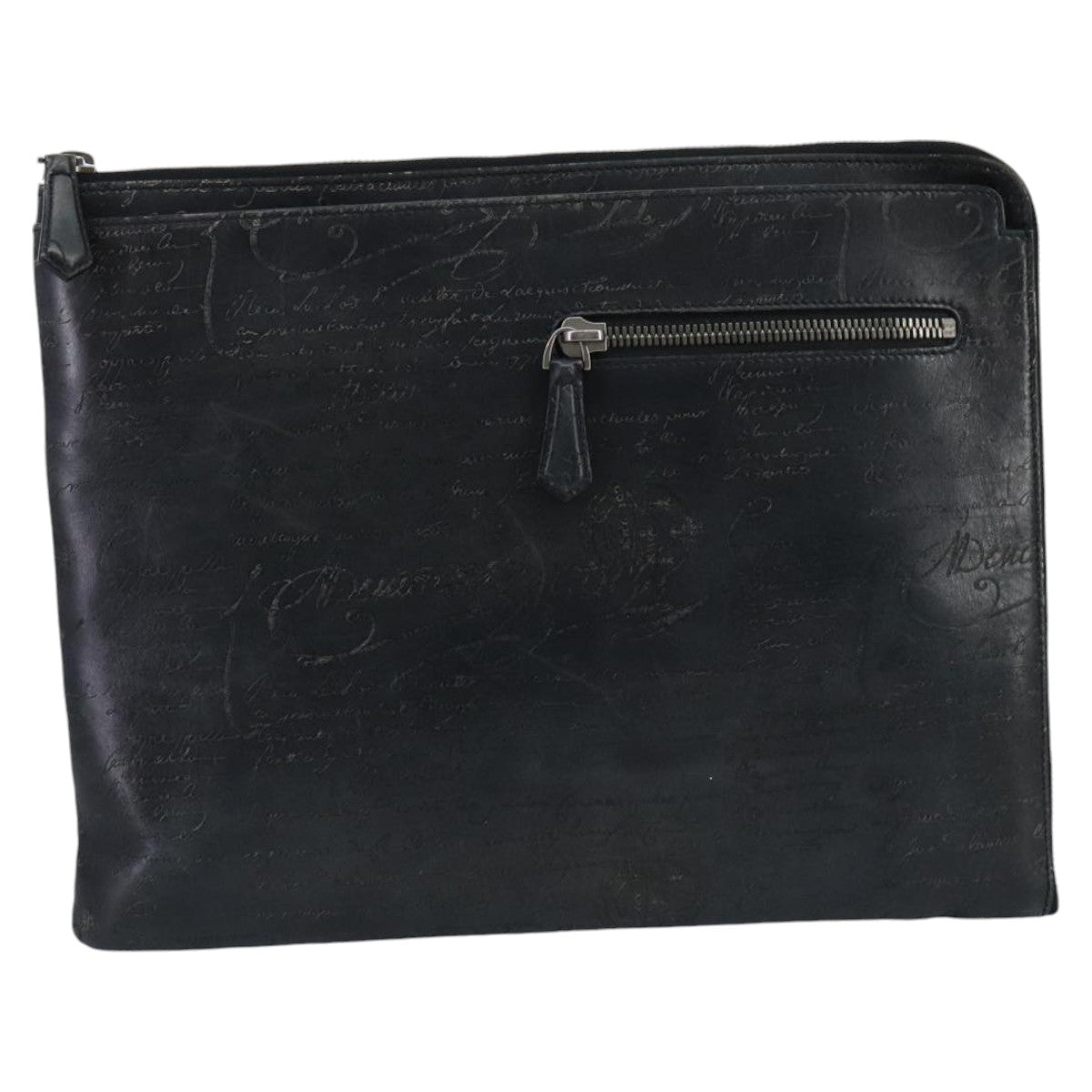 Berluti Calligraphy Clutch Bag Leather Black Auth fm4111