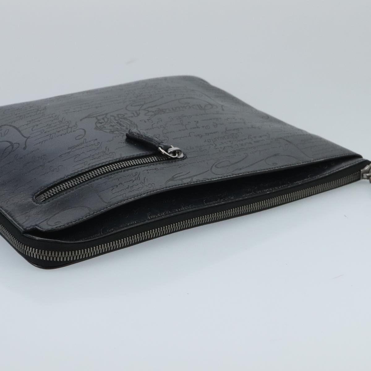 Berluti Calligraphy Clutch Bag Leather Black Auth fm4111