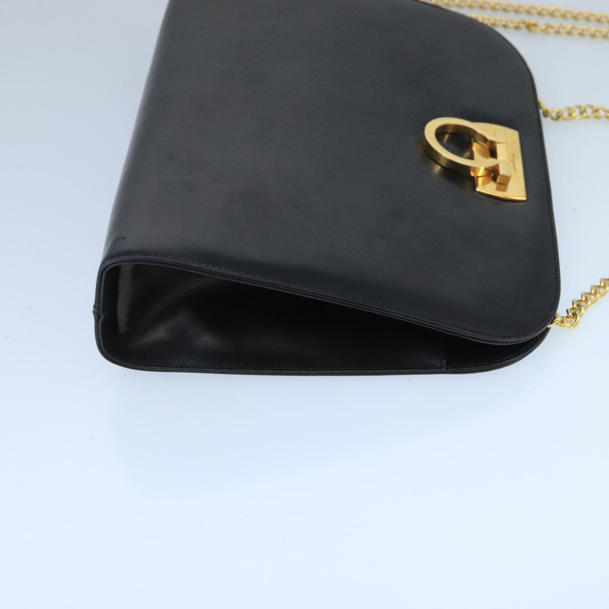 Salvatore Ferragamo Gancini Chain Shoulder Bag Leather Black Gold Auth fm4115