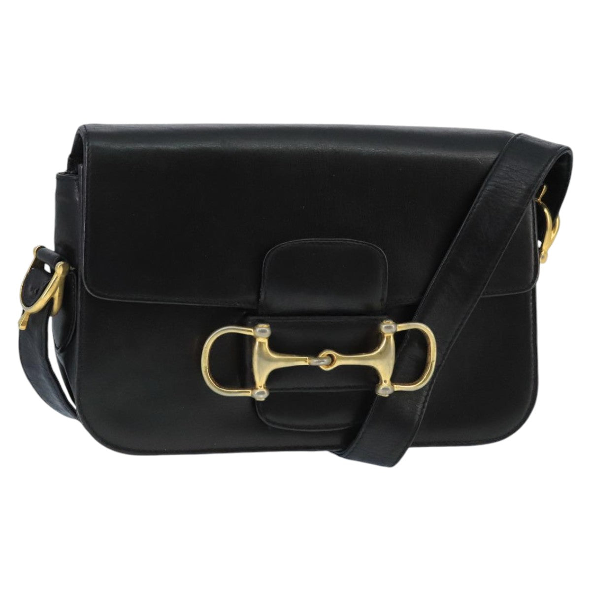 CELINE Horsebit Shoulder Bag Leather Black Gold Auth fm4116