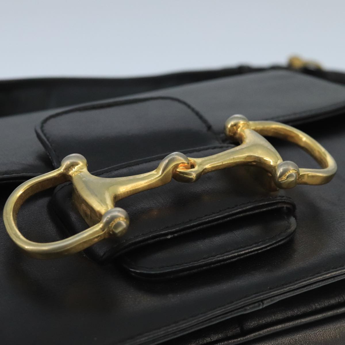 CELINE Horsebit Shoulder Bag Leather Black Gold Auth fm4116