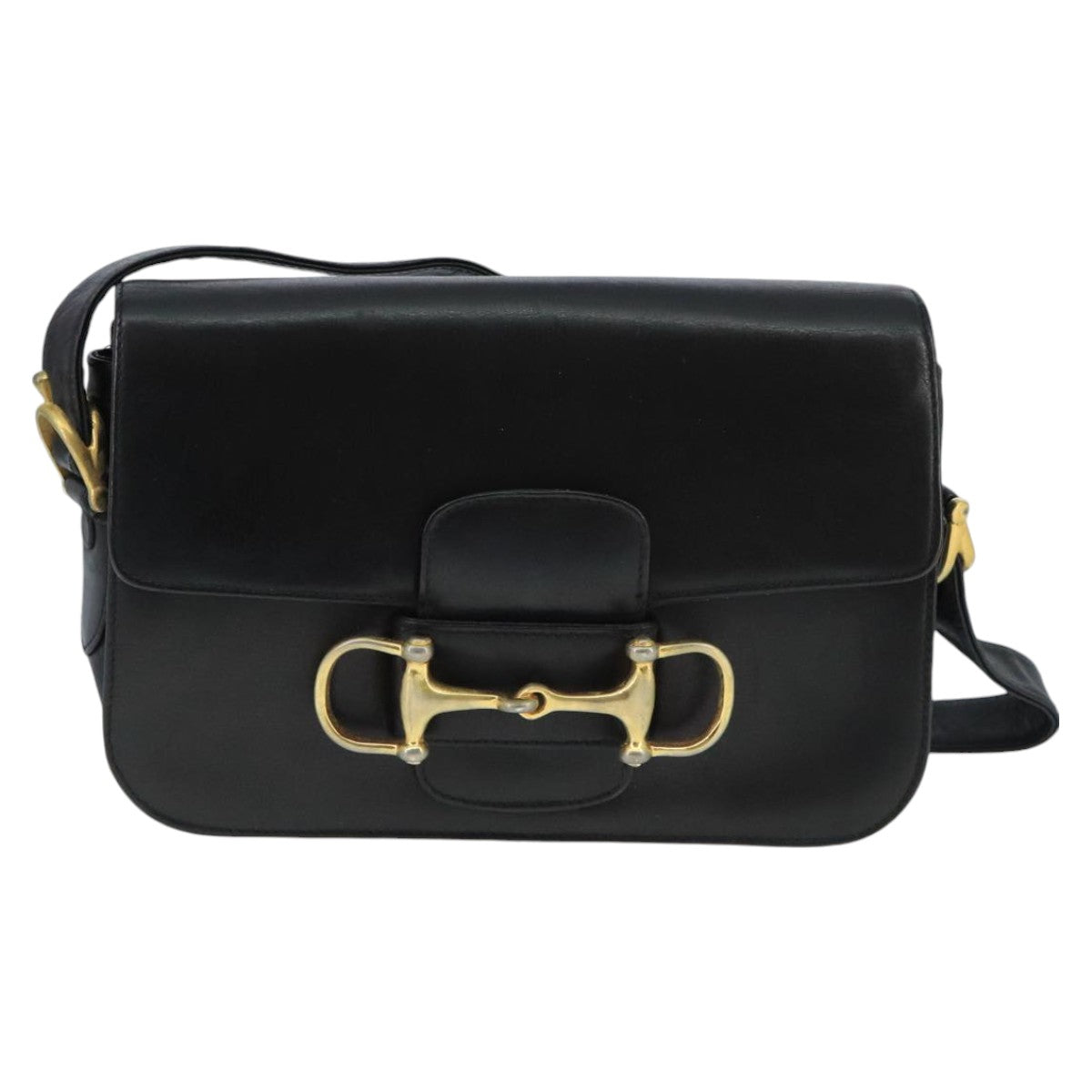 CELINE Horsebit Shoulder Bag Leather Black Gold Auth fm4116