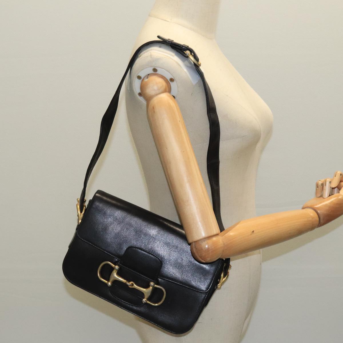 CELINE Horsebit Shoulder Bag Leather Black Gold Auth fm4116