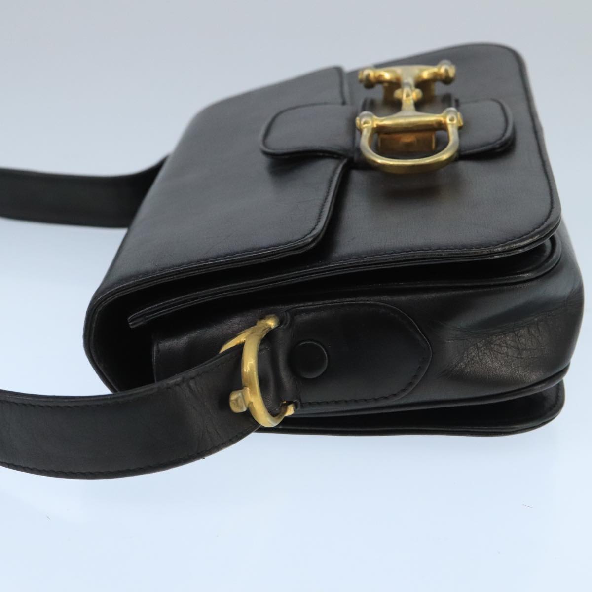 CELINE Horsebit Shoulder Bag Leather Black Gold Auth fm4116