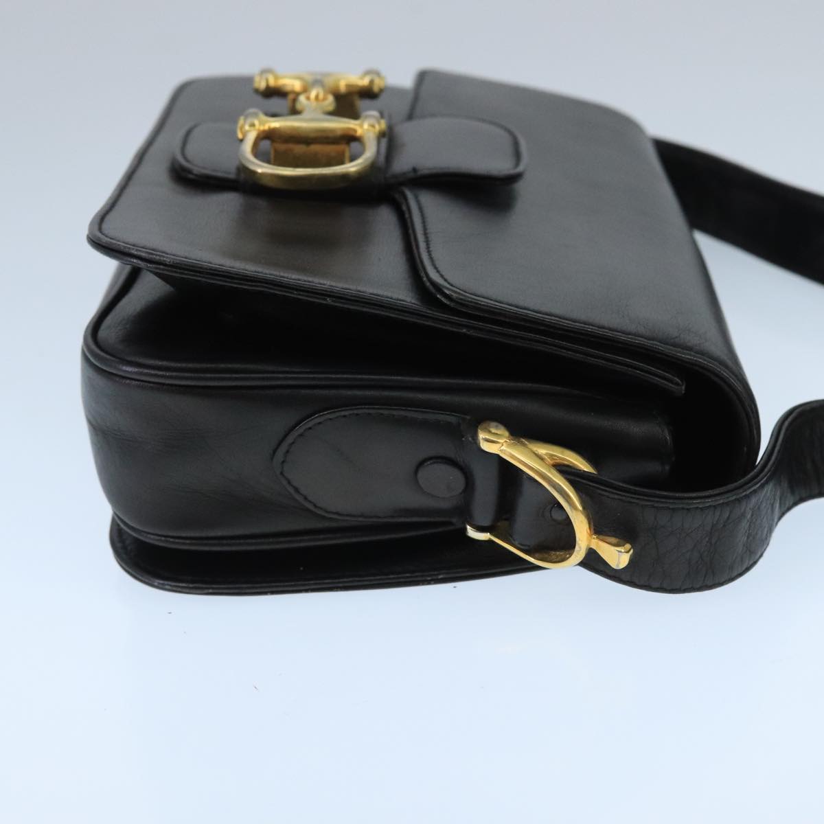 CELINE Horsebit Shoulder Bag Leather Black Gold Auth fm4116