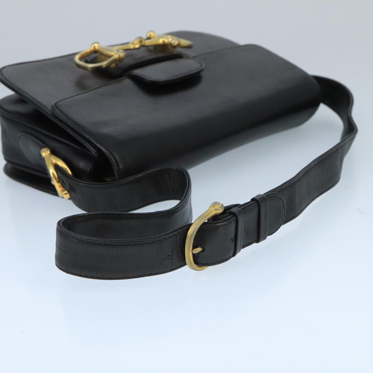 CELINE Horsebit Shoulder Bag Leather Black Gold Auth fm4116