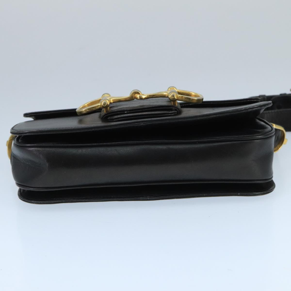 CELINE Horsebit Shoulder Bag Leather Black Gold Auth fm4116