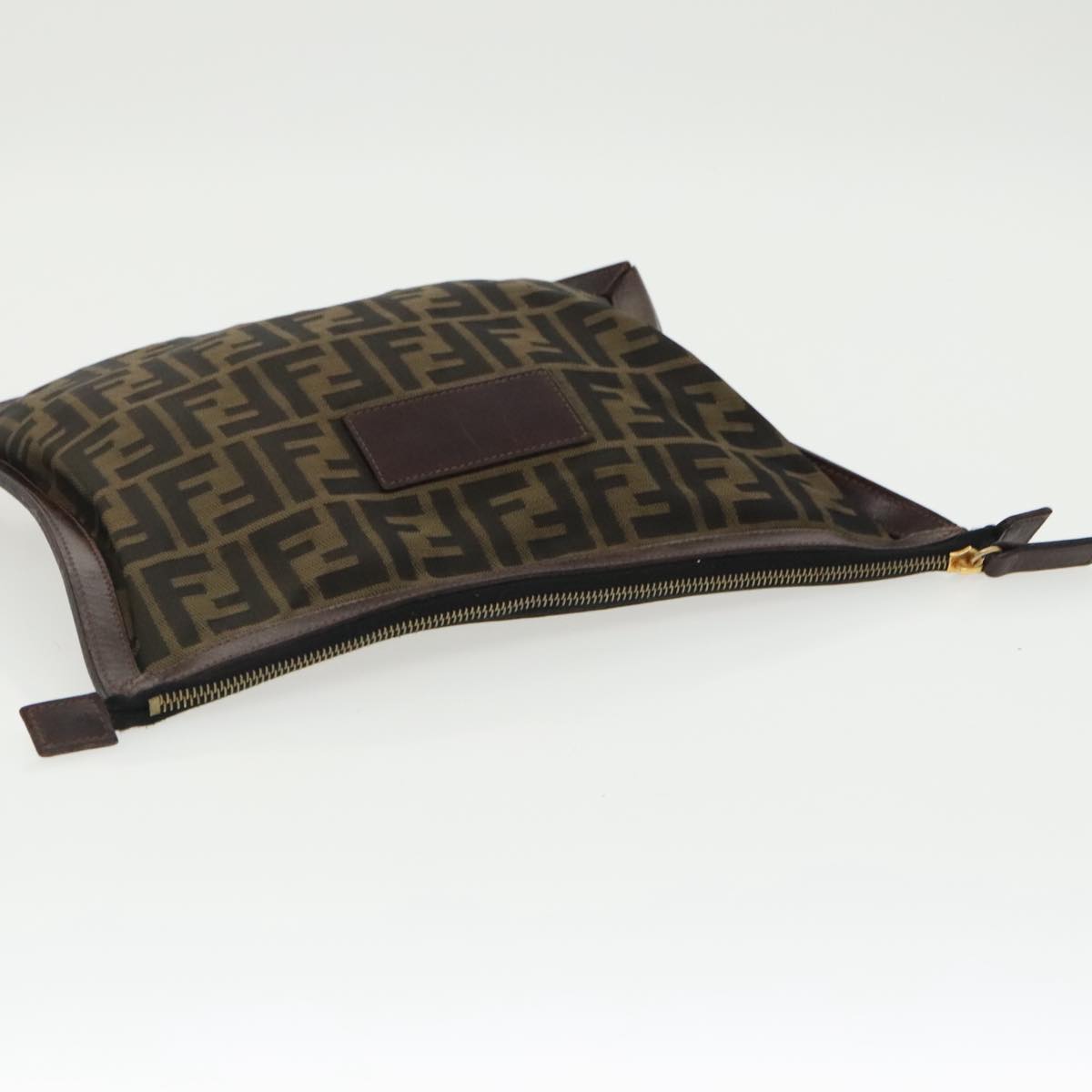 FENDI Zucca Canvas Clutch Bag Brown Black gold Auth fm4148