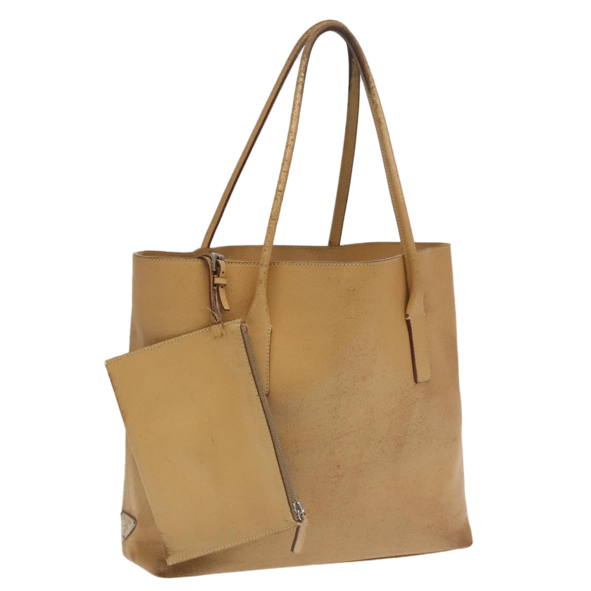 PRADA Tote Bag Leather Beige Auth fm4153