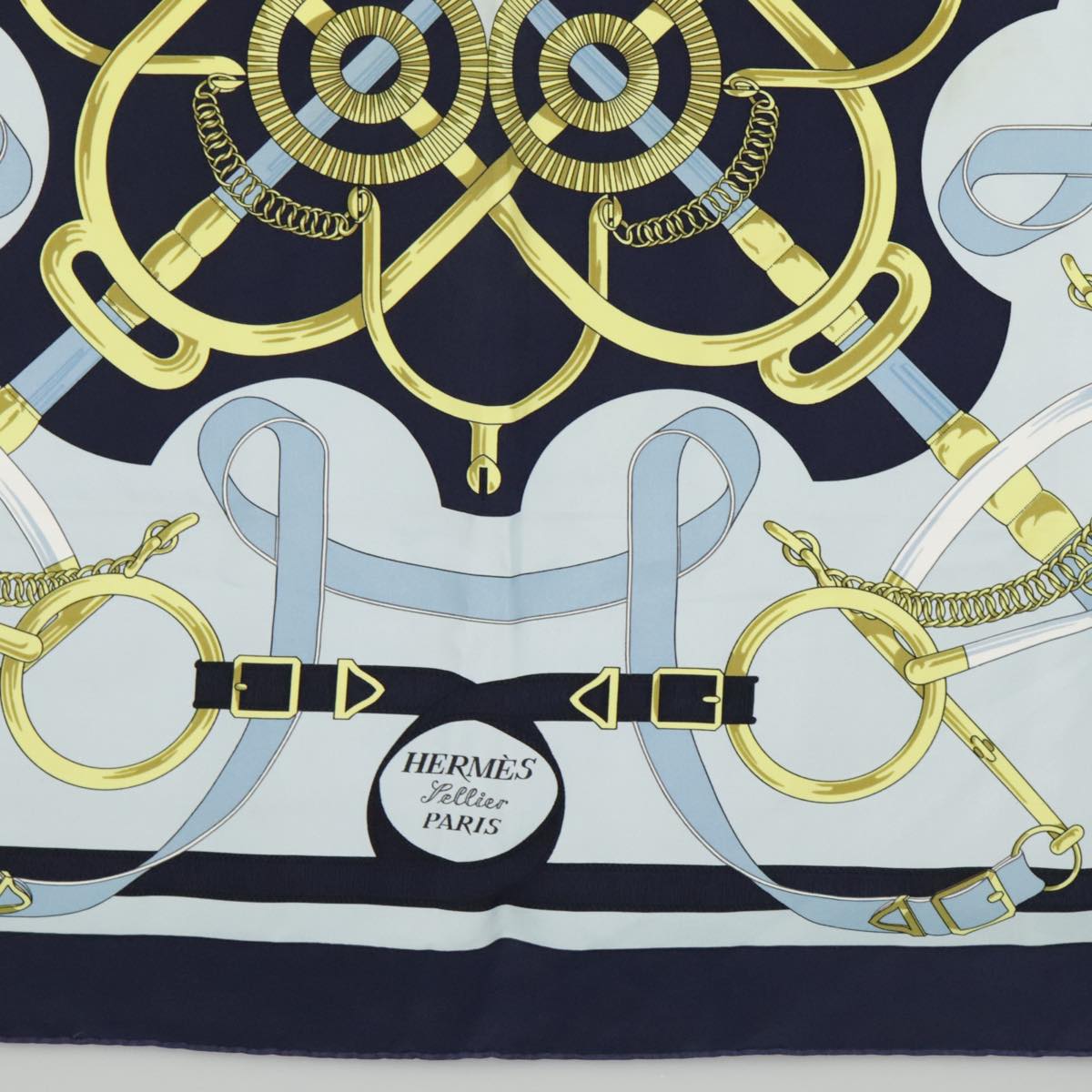 HERMES Carre 90 Scarf ""Eperon dor"" Silk Baby Blue Auth fm4158