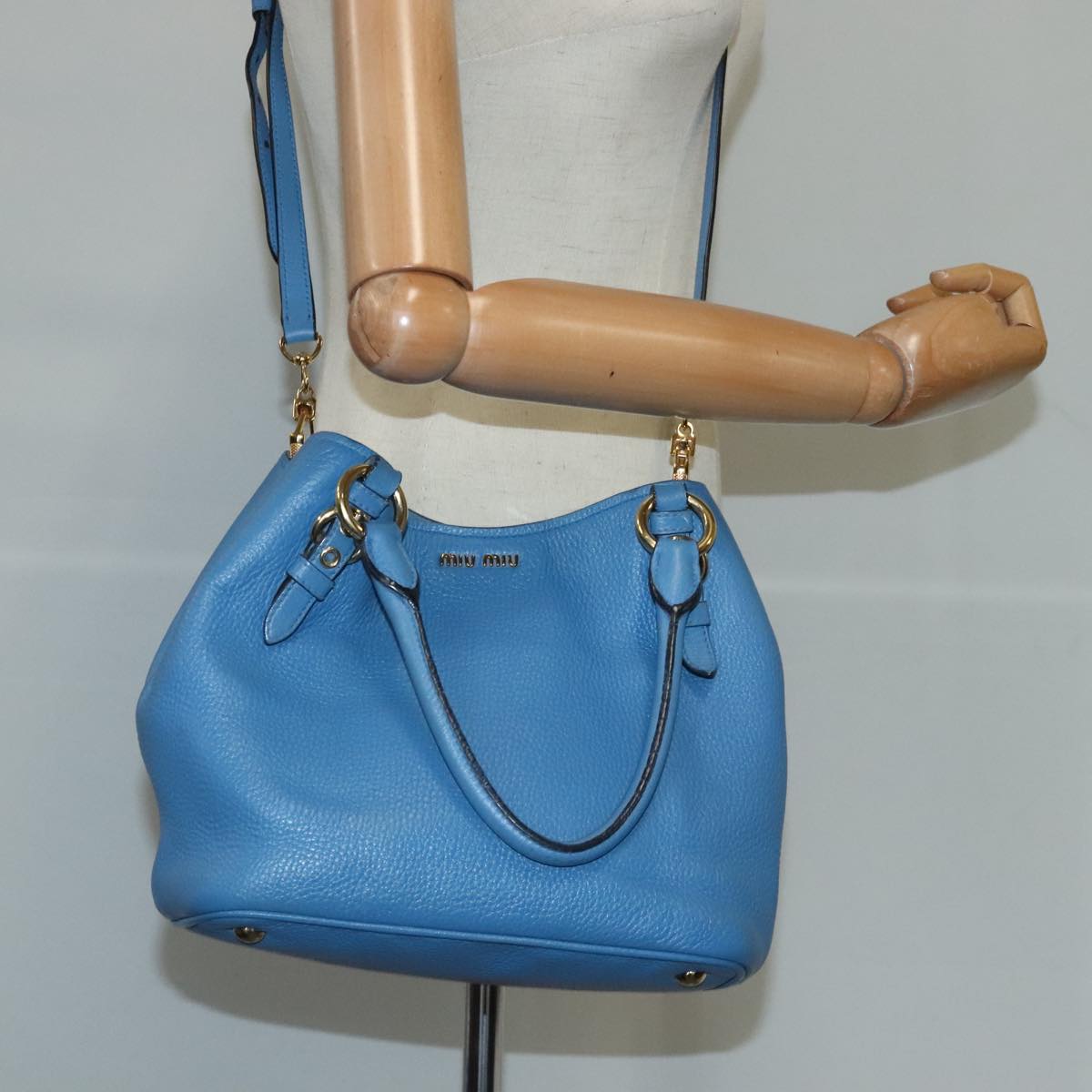 Miu Miu Hand Bag Leather 2way Blue Gold Auth fm4163