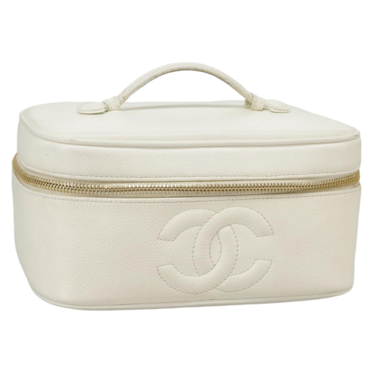 CHANEL COCO Mark vanity Pouch Caviar Skin White Gold CC Auth fm4164