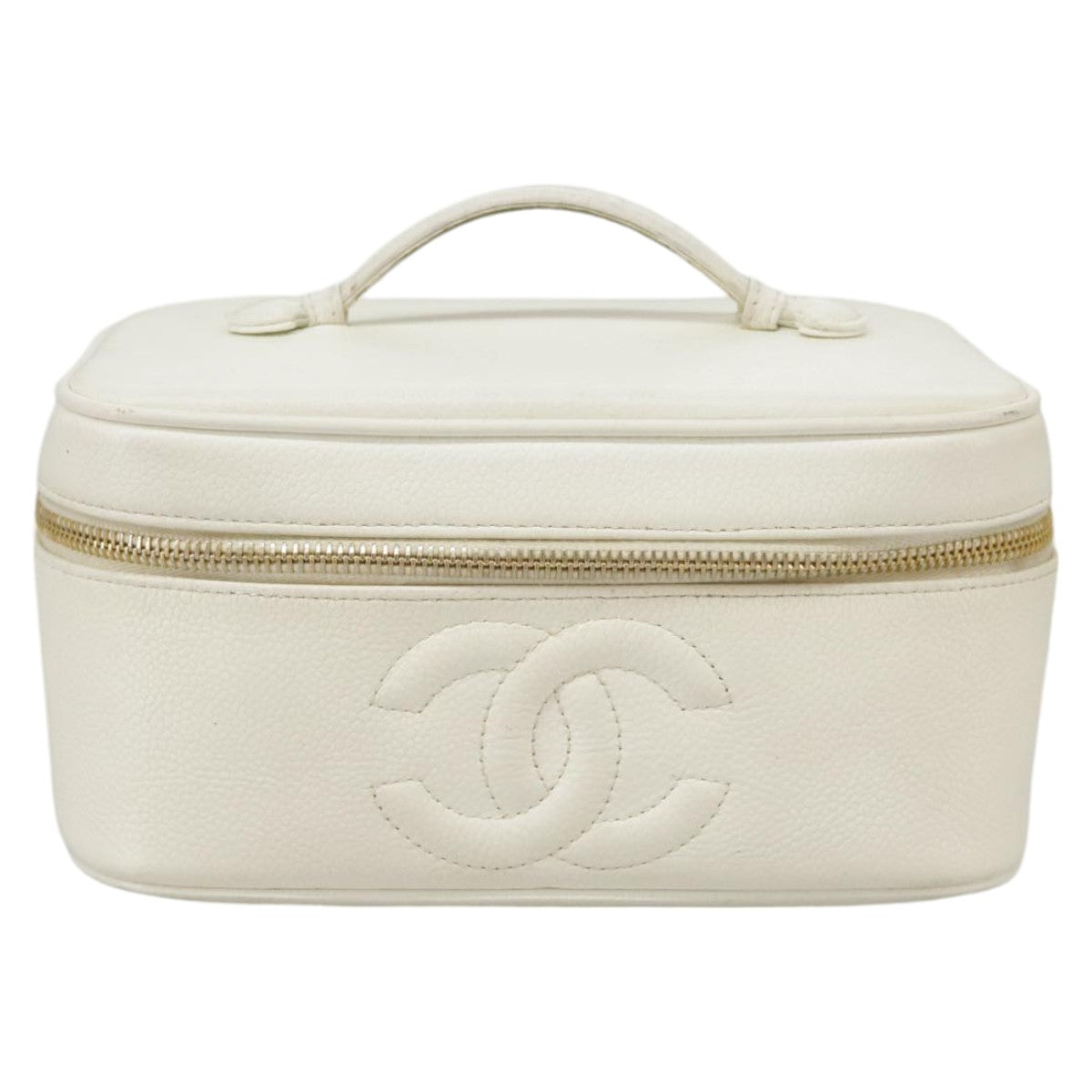 CHANEL COCO Mark vanity Pouch Caviar Skin White Gold CC Auth fm4164 - 0