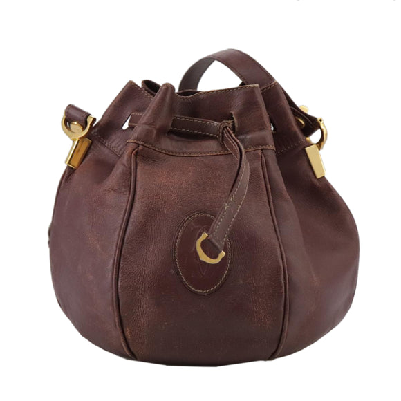 CARTIER Shoulder Bag Leather Bordeaux Gold Auth fm4247
