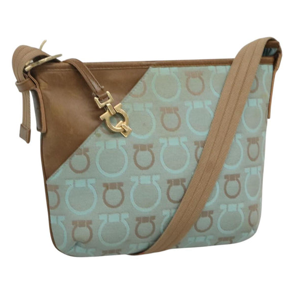 Salvatore Ferragamo Gancini Shoulder Bag Canvas Light Blue gold Auth fm4454