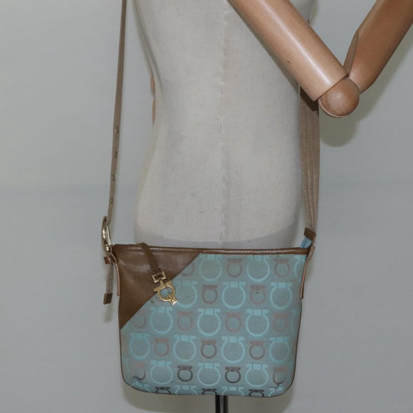 Salvatore Ferragamo Gancini Shoulder Bag Canvas Light Blue gold Auth fm4454