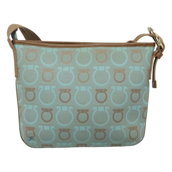 Salvatore Ferragamo Gancini Shoulder Bag Canvas Light Blue gold Auth fm4454