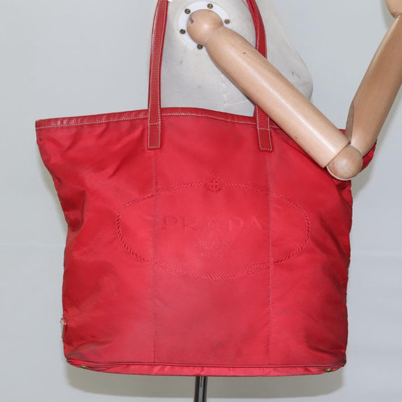 PRADA Tote Bag Nylon Red Gold Auth fm4463