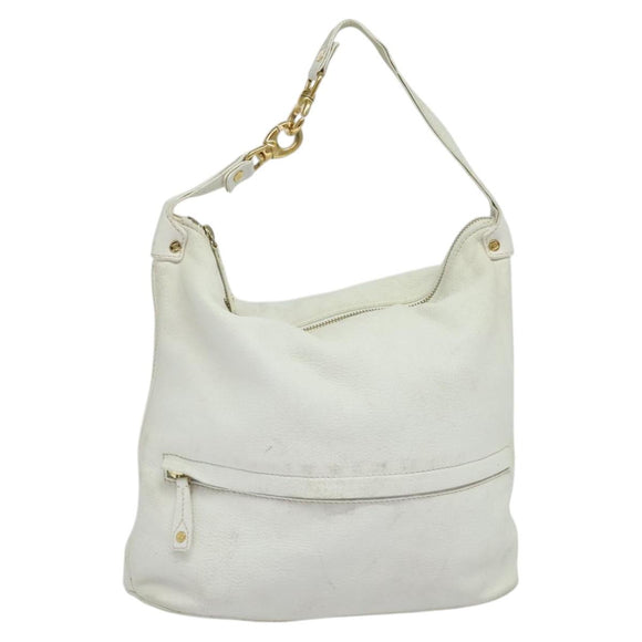 CELINE Shoulder Bag Leather White Auth fm4520