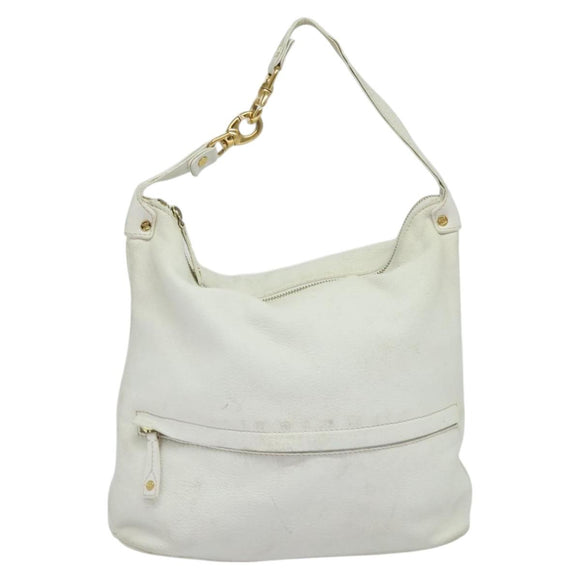 CELINE Shoulder Bag Leather White Auth fm4520