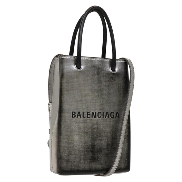 BALENCIAGA Shopping Phone Holder Shoulder Bag Leather Silver Auth fm4541