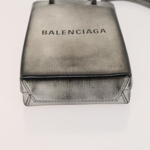 BALENCIAGA Shopping Phone Holder Shoulder Bag Leather Silver Auth fm4541