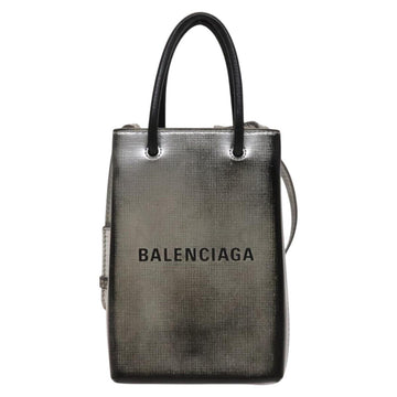 BALENCIAGA Shopping Phone Holder Shoulder Bag Leather Silver Auth fm4541 - 0