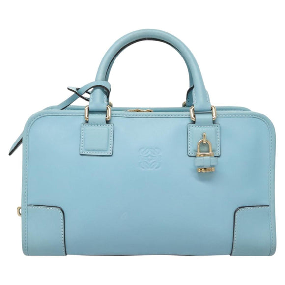 LOEWE Anagram Amazona 28 Hand Bag Leather Light Blue Gold Auth fm4572