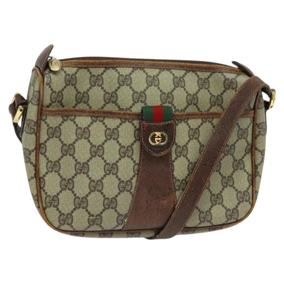 GUCCI GG Supreme Web Sherry Line Schoudertas PVC Leer Beige Goud Auth fm4588