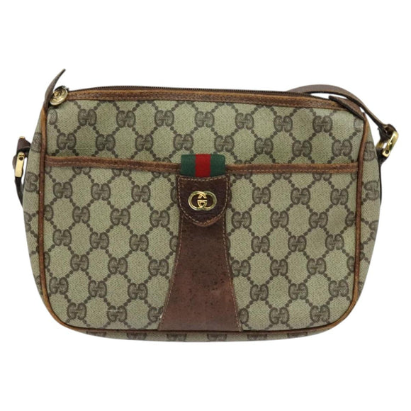 GUCCI GG Supreme Web Sherry Line Schoudertas PVC Leer Beige Goud Auth fm4588