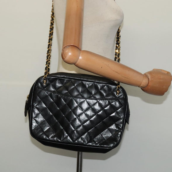 CHANEL Matelasse Chain Shoulder Bag Lamb Skin Black Gold CC Auth fm4668
