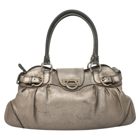 Salvatore Ferragamo Gancini Marissa Shoulder Bag Leather Silver Auth fm4685