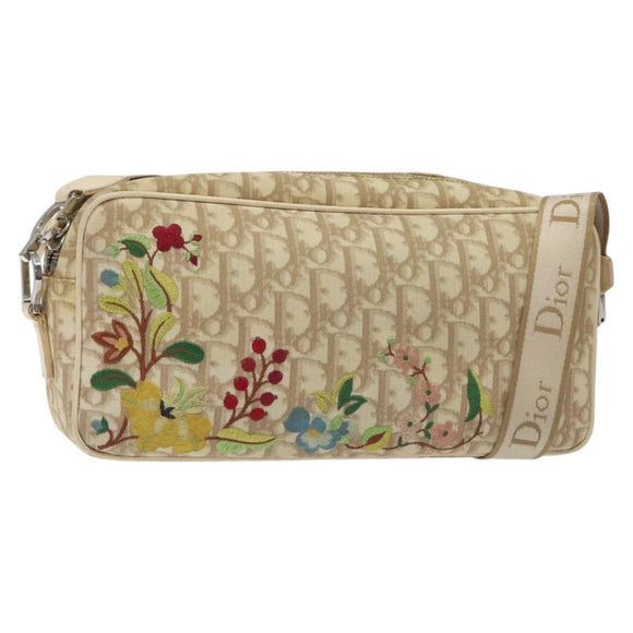 Christian Dior Trotter Canvas Flower Shoulder Bag Beige Silver Auth fm4695
