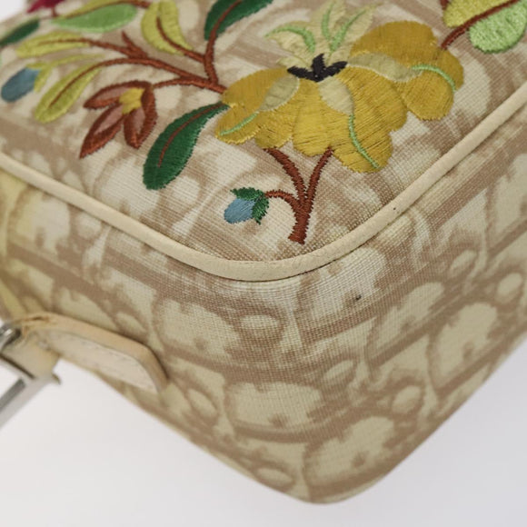 Christian Dior Trotter Canvas Flower Shoulder Bag Beige Silver Auth fm4695