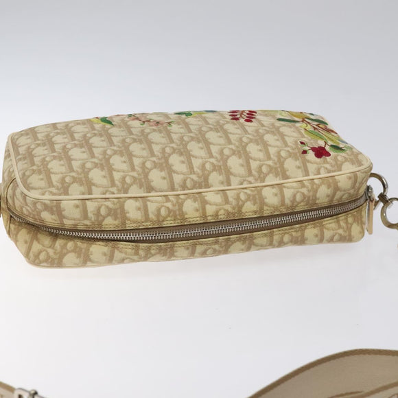 Christian Dior Trotter Canvas Flower Shoulder Bag Beige Silver Auth fm4695