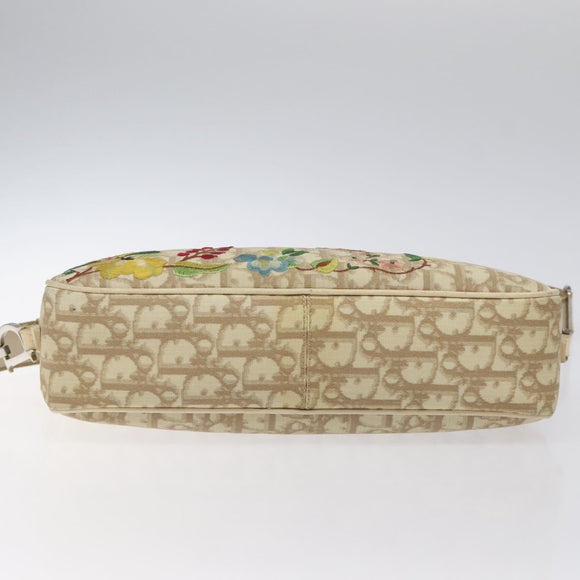Christian Dior Trotter Canvas Flower Shoulder Bag Beige Silver Auth fm4695