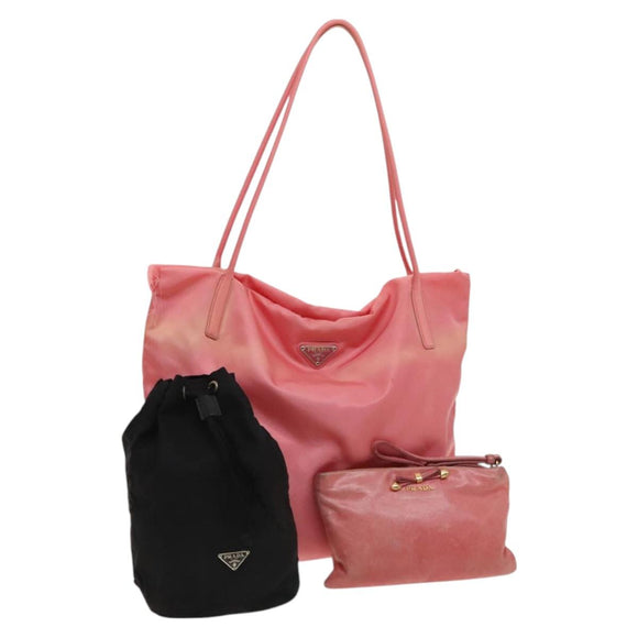 PRADA Hand Bag Nylon Leather 3Set Pink Black Auth fm4723