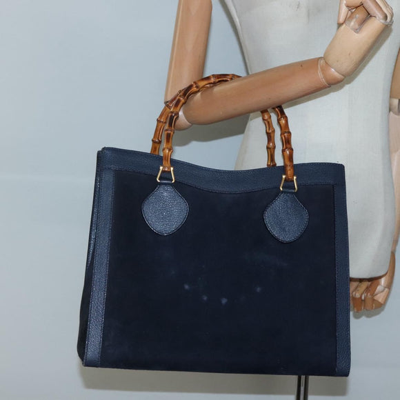 GUCCI Bamboo Tote Bag Suede Leather Navy Gold 002 1186 0260 Auth fm4759