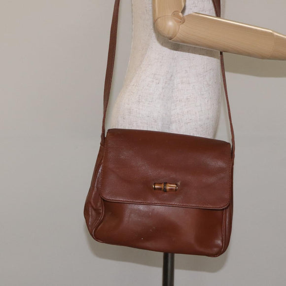 GUCCI Bamboo Shoulder Bag Leather Brown Gold 001 14 1571 Auth fm4767