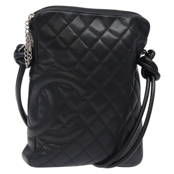 CHANEL Medium Pochette Shoulder Bag Cambon Line Leather Black Silver Auth fm4781